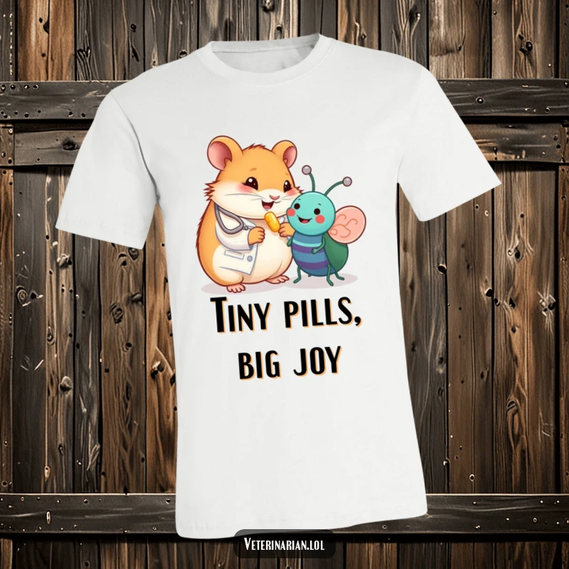 Funny t-shirt depicting a joyful hamster veterinarian giving a small vitamin pill to a cheerful toy bug, emphasizing care and happiness.