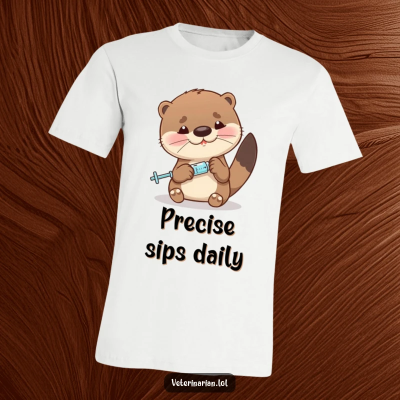 Funny otter t-shirt featuring a sweet character accurately measuring liquid with a tiny syringe, perfect for precision lovers.