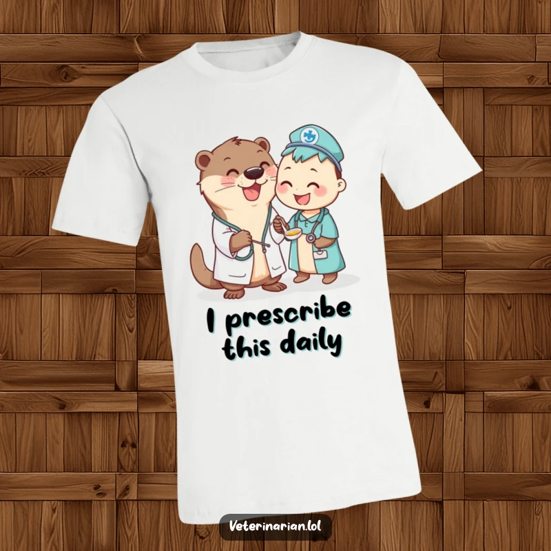 Funny Otter Vet T-Shirt: A happy otter dressed as a vet cheerfully offers a spoonful of medicine to an eager animal recipient.