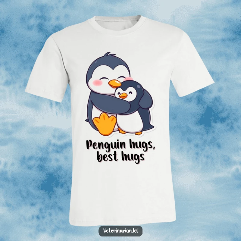 Funny t-shirt showing a goofy penguin character offering a hug to a wobbling stuffed penguin, emphasizing friendship and cuteness.