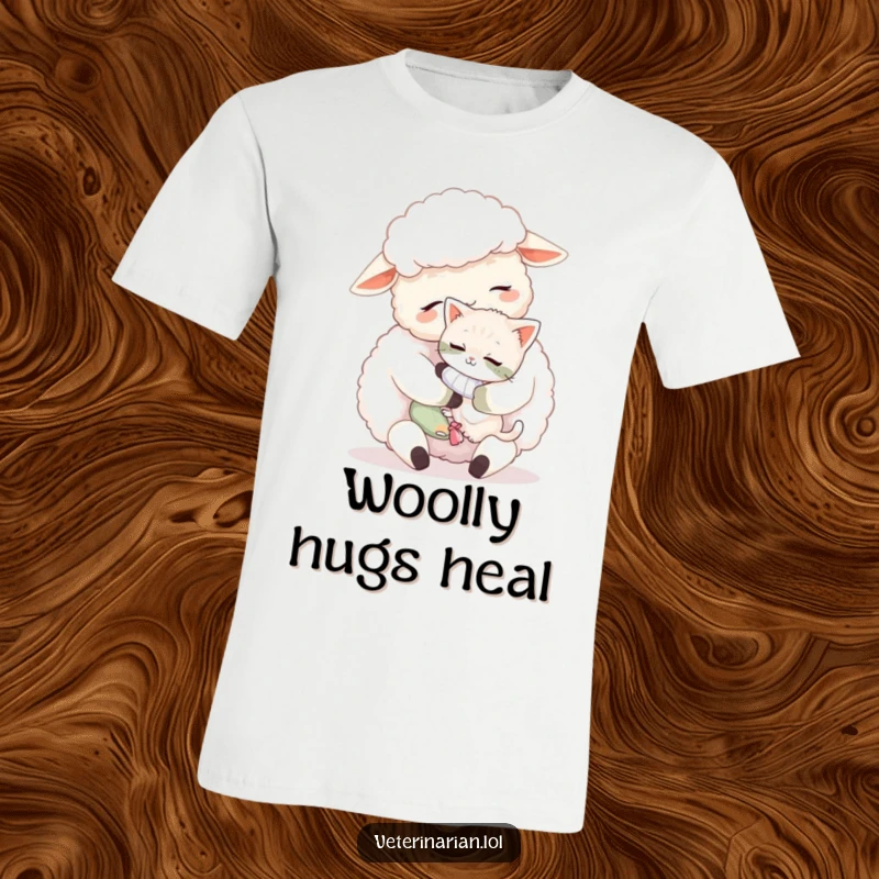 Funny sheep kitten t-shirt, a fluffy sheep cuddling a tiny, bandaged kitten with affection, heartwarming animal design.