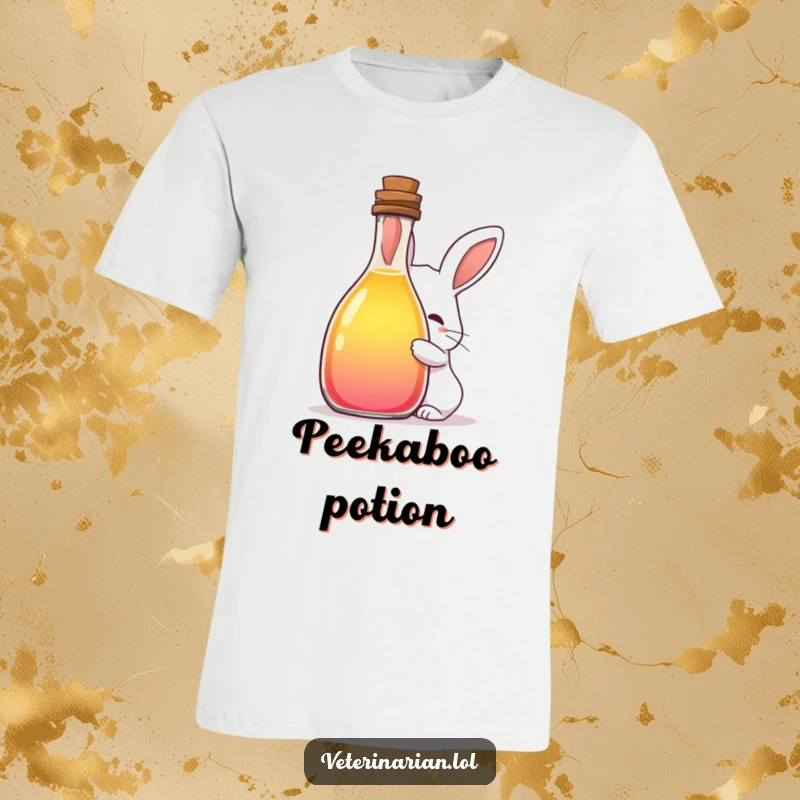 Funny T-shirt with a shy rabbit peeking from behind a large, vibrant bottle of colorful liquid, showcasing playful mystery and endearing shyness.