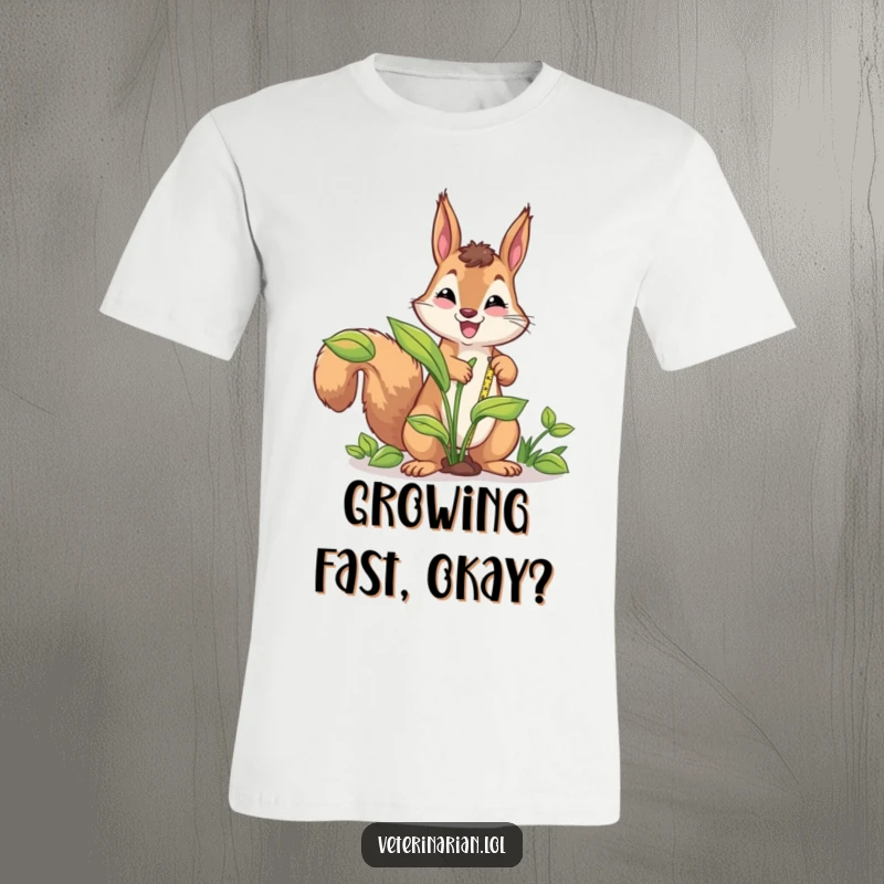 Funny energetic squirrel t-shirt, a squirrel measures a large plant with a tape measure, showcasing diligence and humorous dedication.