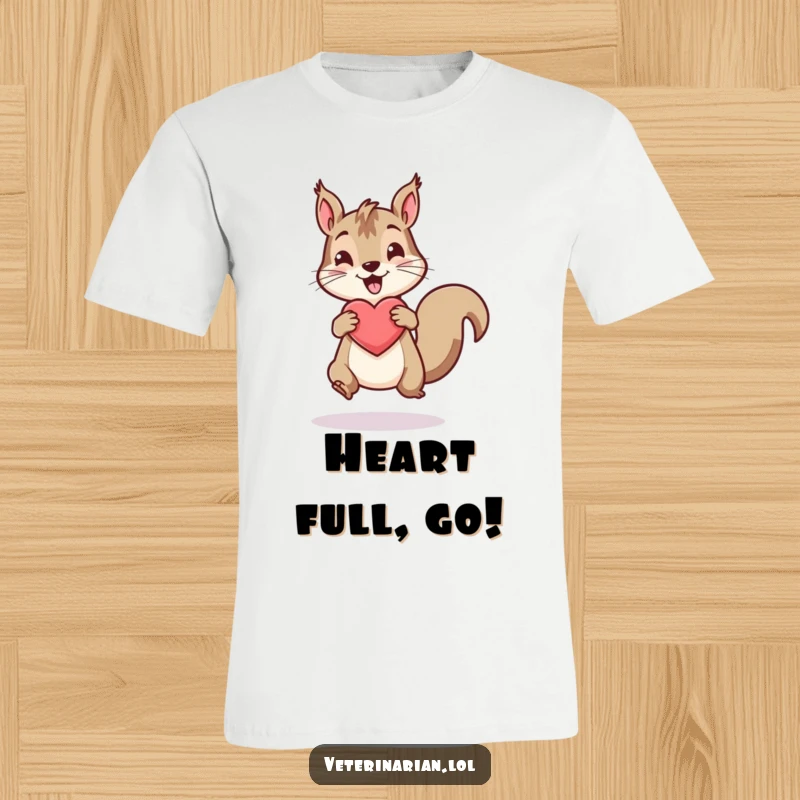 Funny t-shirt featuring an energetic squirrel actively bouncing a bright, healthy heart icon.