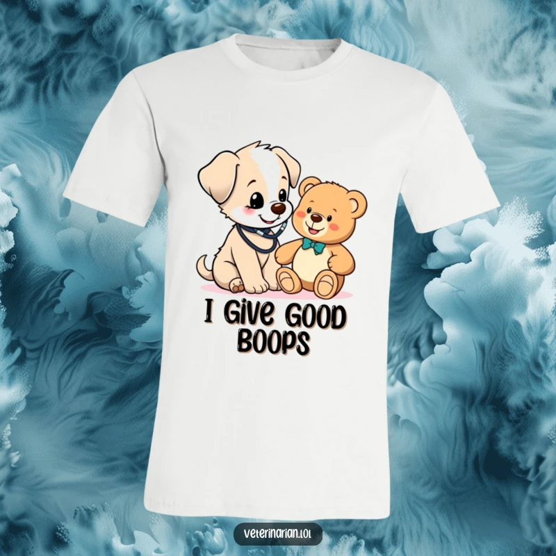 Funny cute puppy vet t-shirt, a puppy wearing a stethoscope gives a teddy bear a check-up with a happy expression, sweet and humorous.