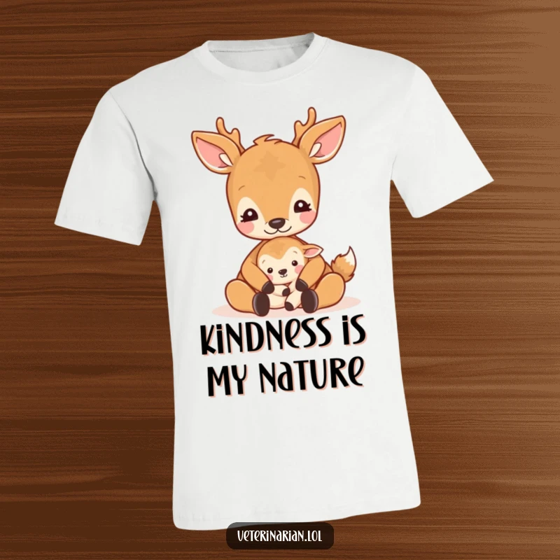 Funny gentle deer t-shirt depicting a deer cradling a small animal with a soothing pat, radiating peace.