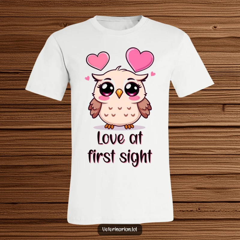 Funny Owl T-Shirt: A surprised cartoon owl stares with wonder at a large, floating heart icon, expressing shock and delight, a funny gift.
