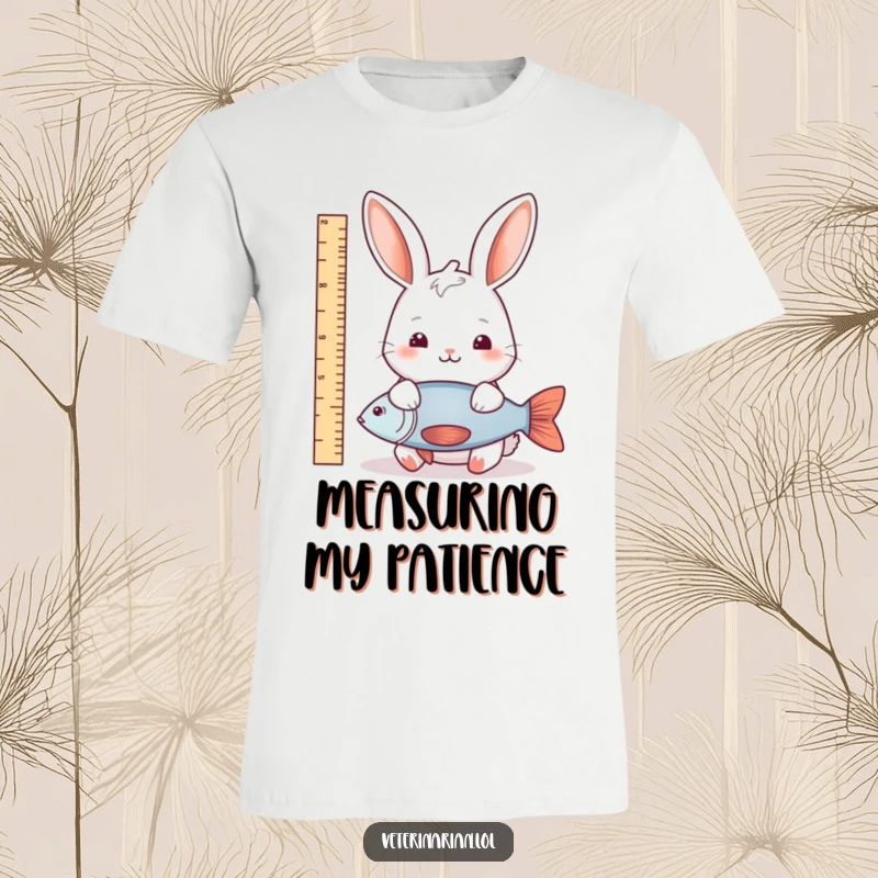 Funny rabbit fish measure t-shirt depicting a gentle rabbit using a ruler to measure a fish, showcasing nature’s funny side.