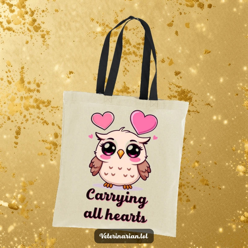 Funny Owl Tote Bag: Surprised cartoon owl gazing at a large floating heart icon, ideal for carrying items with humor and wonder, funny gift.
