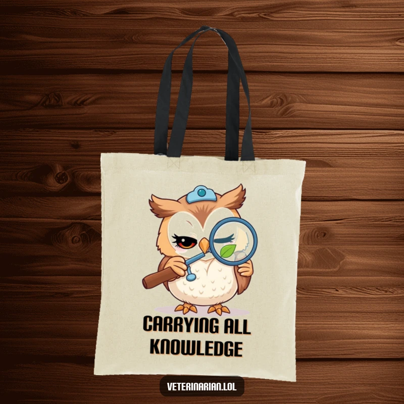 Funny tote bag showing a winking owl vet using a magnifying glass to inspect a tiny leaf, ideal for carrying discoveries.