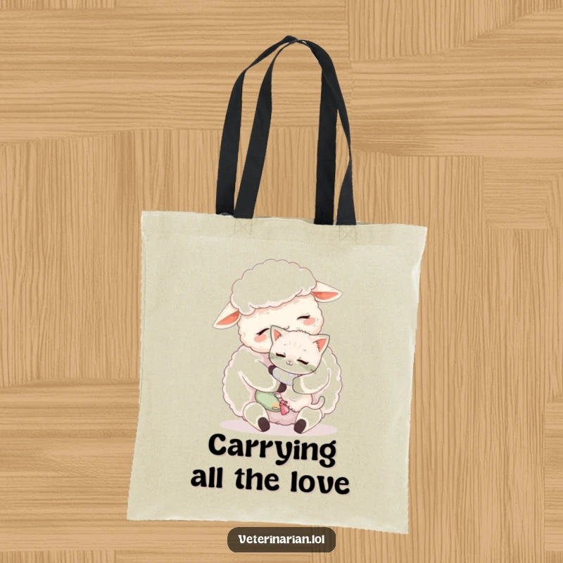 Funny sheep kitten tote bag, a fluffy sheep cuddling a tiny, bandaged kitten with affection, charming and practical.