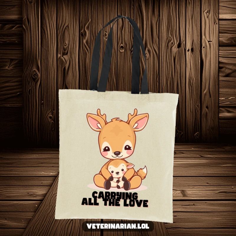 Funny gentle deer tote bag with a deer cradling a small animal, showcasing empathy and natural kindness.