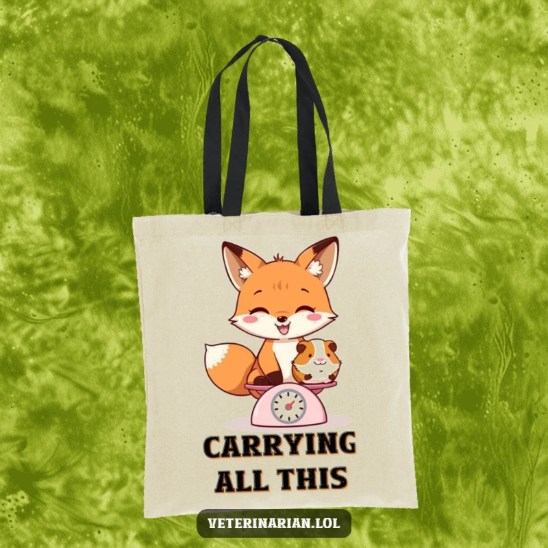 Funny tote bag illustrating a grinning fox weighing a guinea pig on a tiny scale, perfect for carrying essentials.