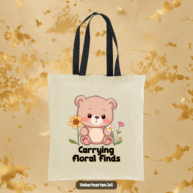 Funny bear tote bag, a curious bear sniffing a flower with a gentle expression, stylish and nature-themed.