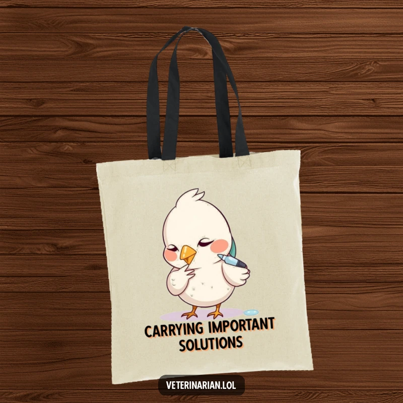 Funny tote bag depicting a diligent bird carefully using a tiny dropper with great focus.