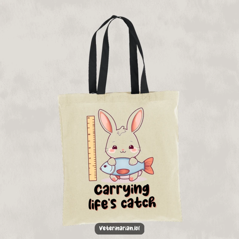 Funny rabbit fish measure tote bag depicting a gentle rabbit measuring a fish, ideal for carrying items with a side of natural humor.