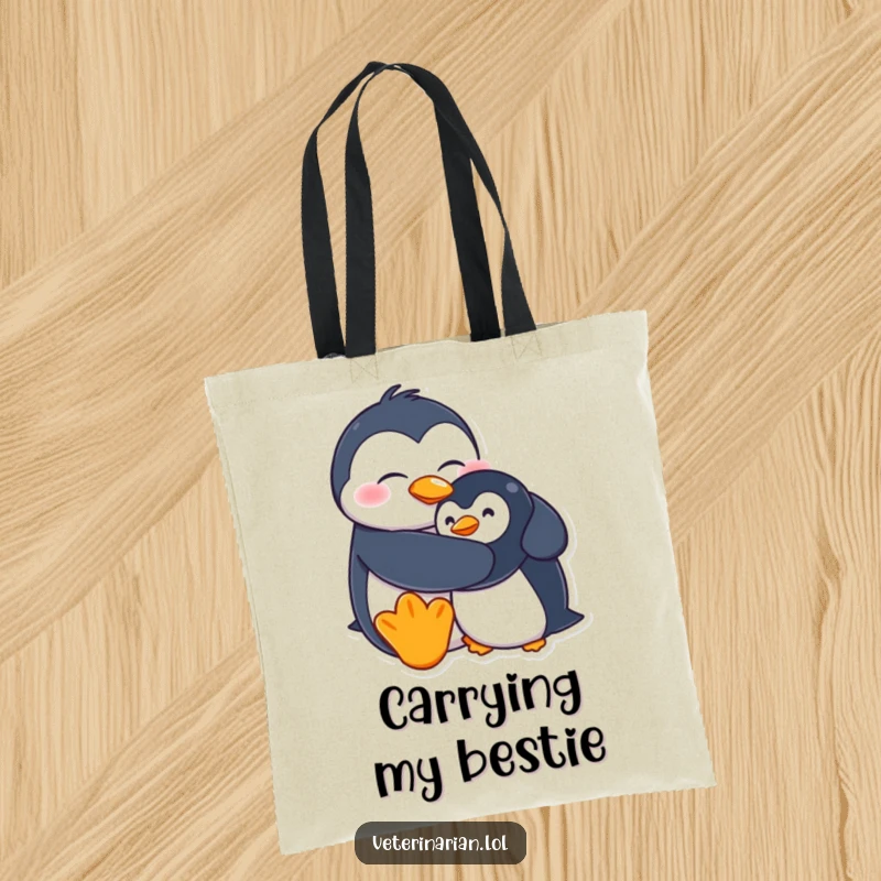 Funny tote bag depicting a goofy penguin character hugging a stuffed penguin, perfect for carrying essentials with style.