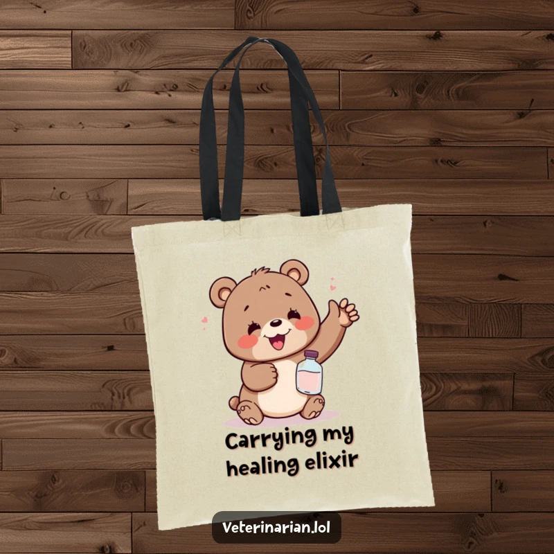 Funny tote bag depicting a delighted bear in a state of relief, holding a small potion bottle, making errands hilariously enjoyable.