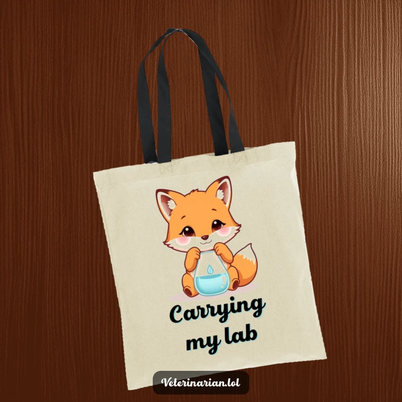 Funny tote bag showing a playful fox carefully measuring a tiny droplet into a beaker, perfect for humorous errands.