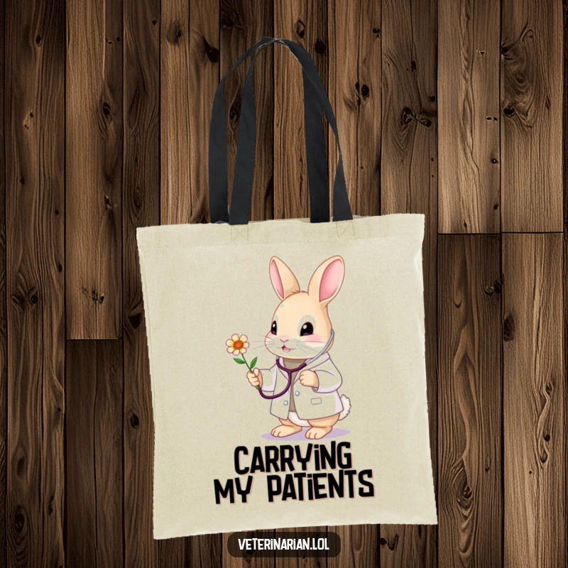 Funny bunny vet tote bag, featuring a cute doctor bunny with stethoscope caring for a flower. Practical and heartwarming.
