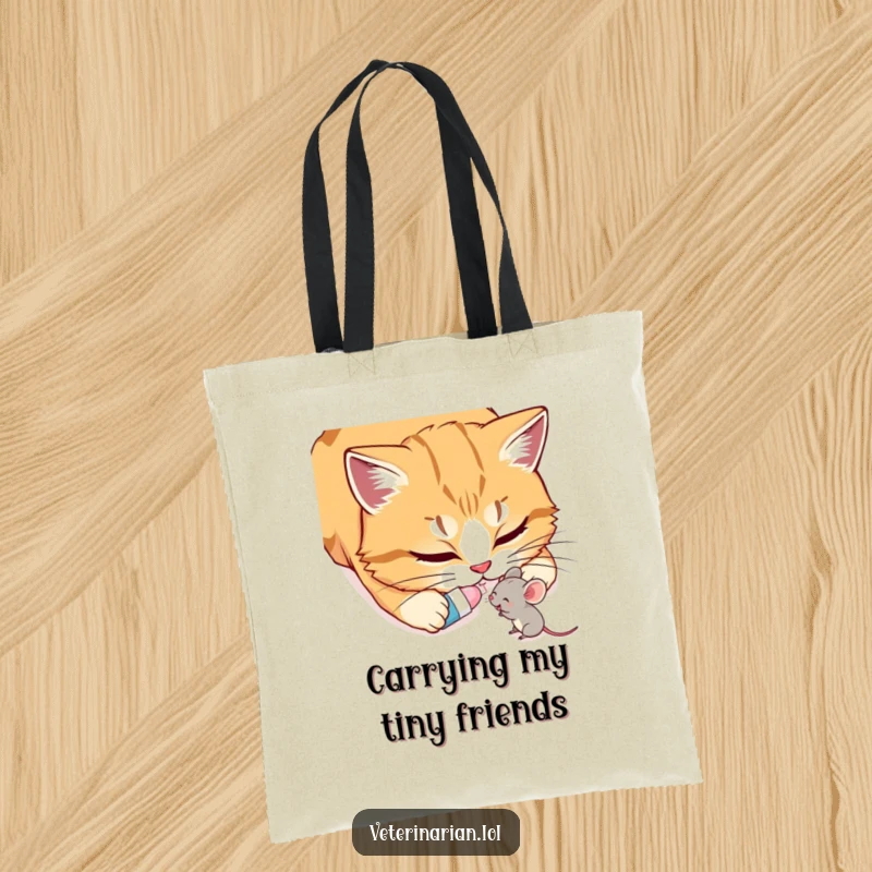 Funny Cat & Mouse Tote Bag: A tote bag featuring a gentle cat giving a tiny pill to a content, happy mouse.