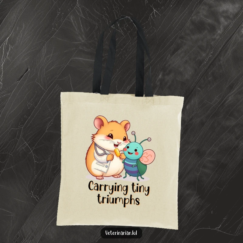 Funny tote bag showing a happy hamster vet giving a vitamin pill to a delighted toy bug, a charming and functional accessory.