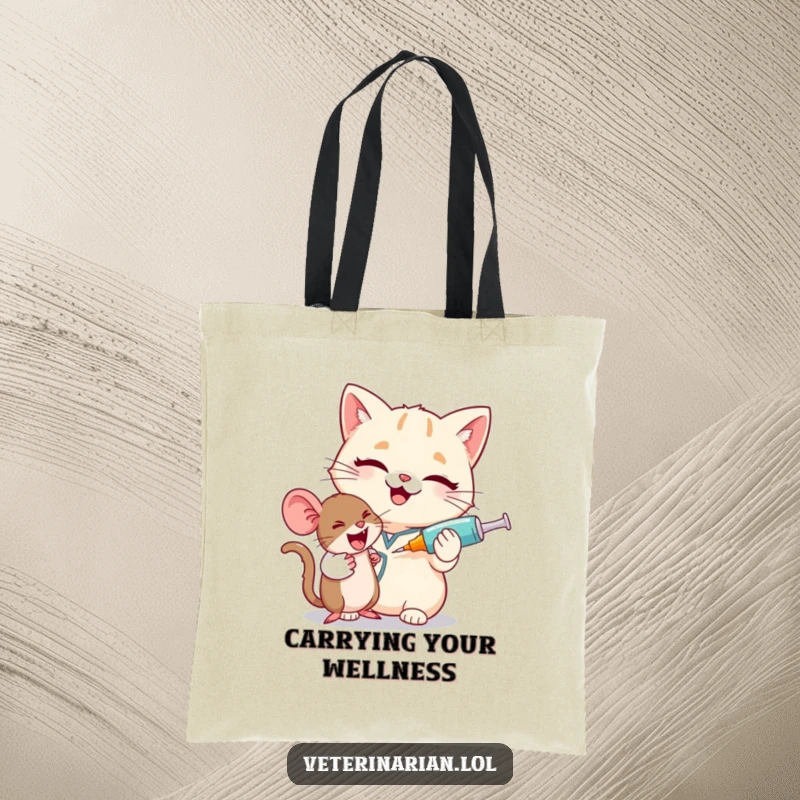 Funny cat vet tote bag, a giggling cat vet winks, humorously treating a small mouse with a massive syringe.