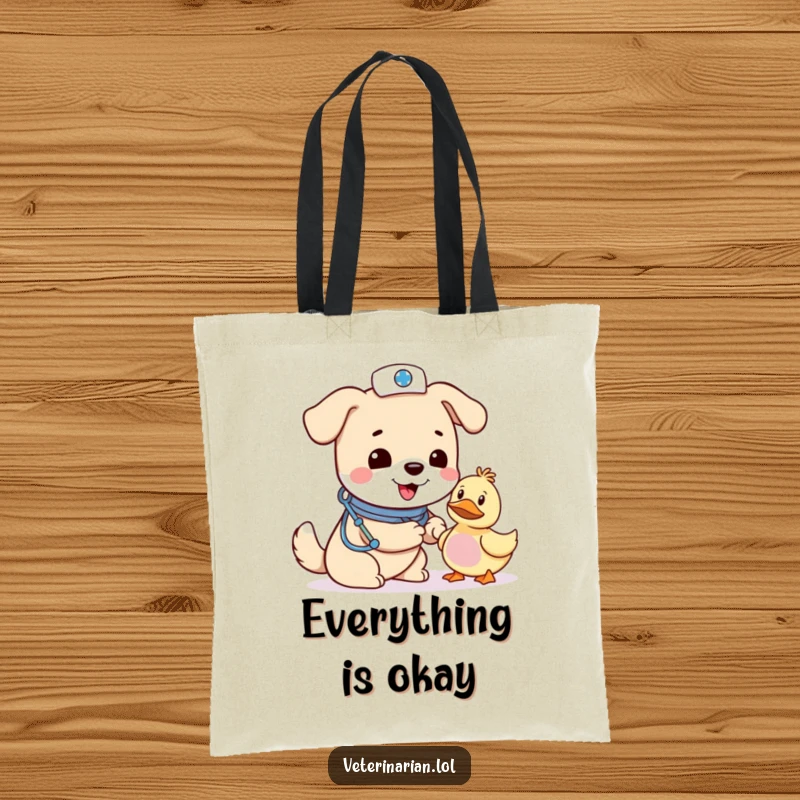 Funny dog vet tote bag, a cheerful dog wearing a small hat bandages a toy duck with a concerned, loving expression.