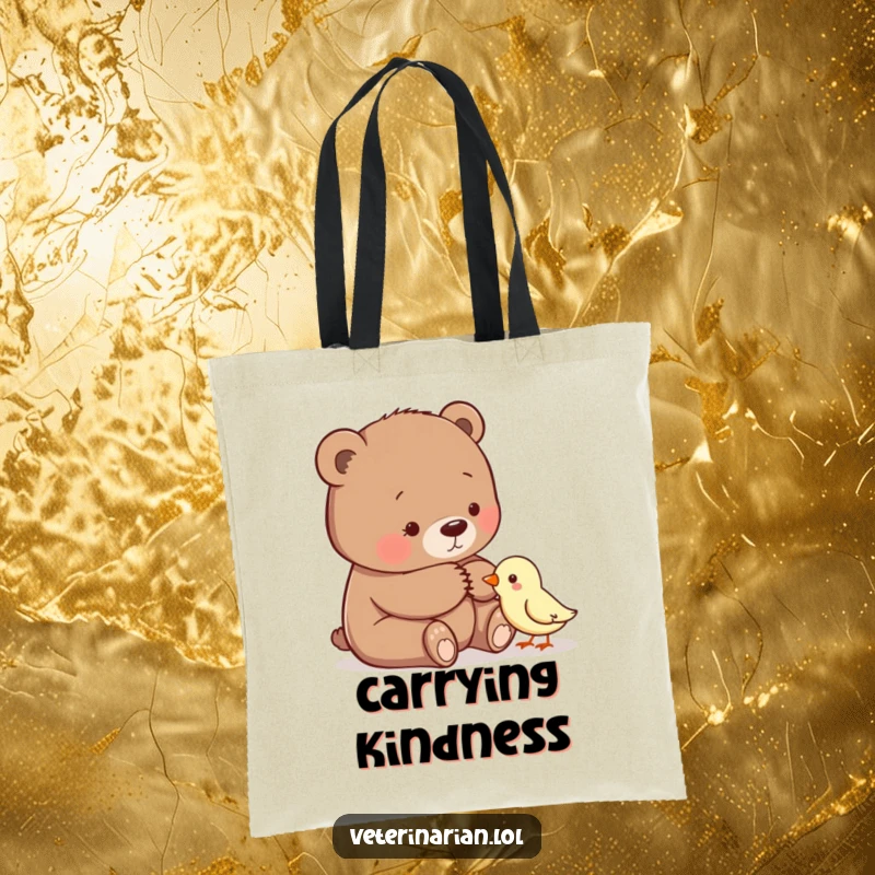 Funny tote bag illustrating a gentle bear comforting a small bird, perfect for carrying essentials with kindness.