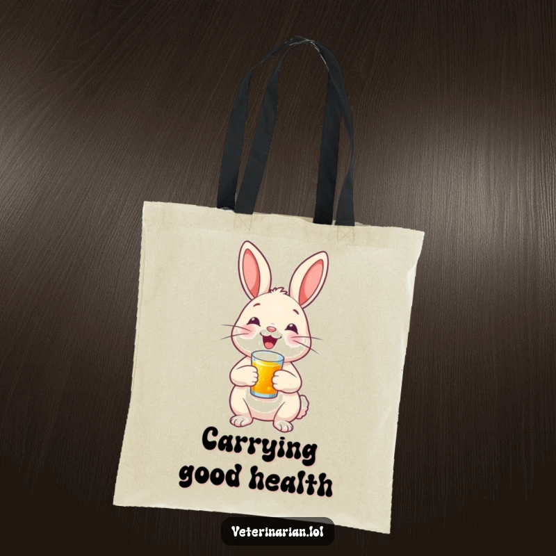 A happy bunny with a proud smile administers a tiny shot, illustrated on a durable tote bag, symbolizing helpfulness.