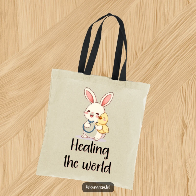 Funny tote bag illustration of a cheerful bunny vet petting a smiling bird patient, embodying gentle care.