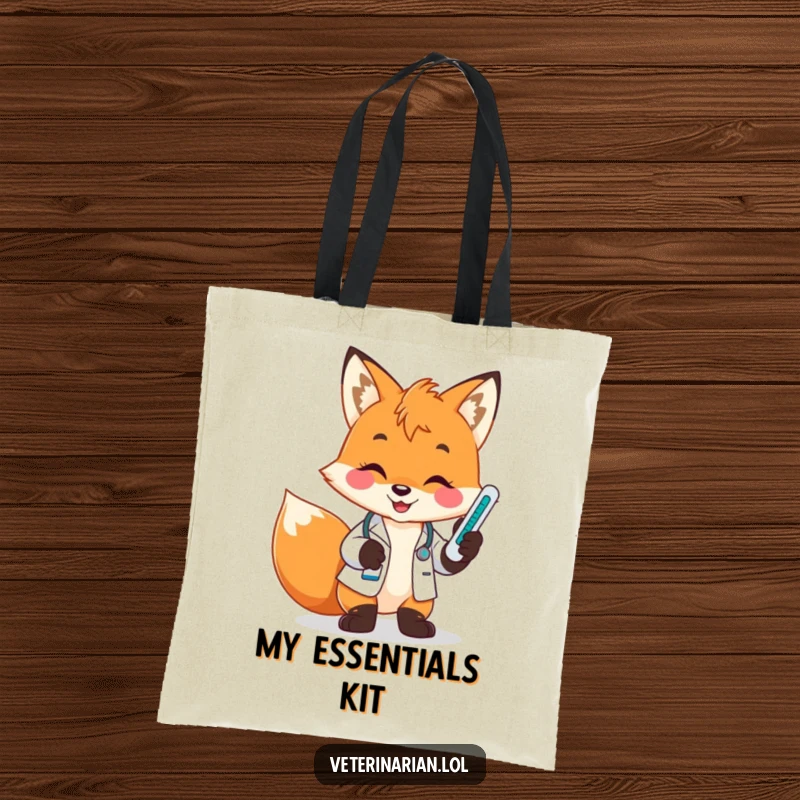 Funny fox vet tote bag, a playful fox with a bright smile holds a thermometer, looking at its reading with focus.