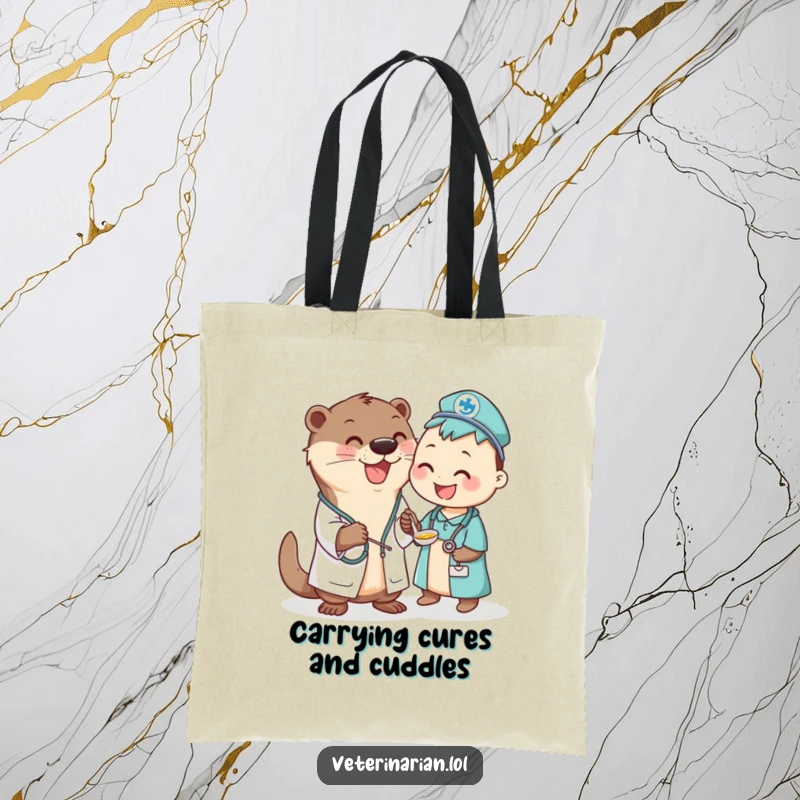 Funny Otter Vet Tote Bag: A joyful otter vet is depicted giving a spoonful of medicine to a happy, awaiting animal patient.
