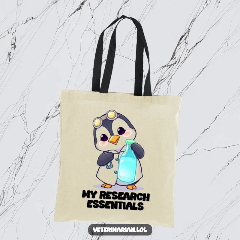 Funny tote bag with a playful penguin wearing a medical coat curiously poking a glowing vial, ideal for carrying everyday items.