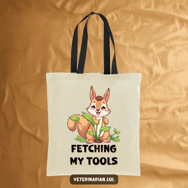 Funny energetic squirrel tote bag, a squirrel measures a large plant with a tape measure, a humorous and practical accessory for carrying essentials.