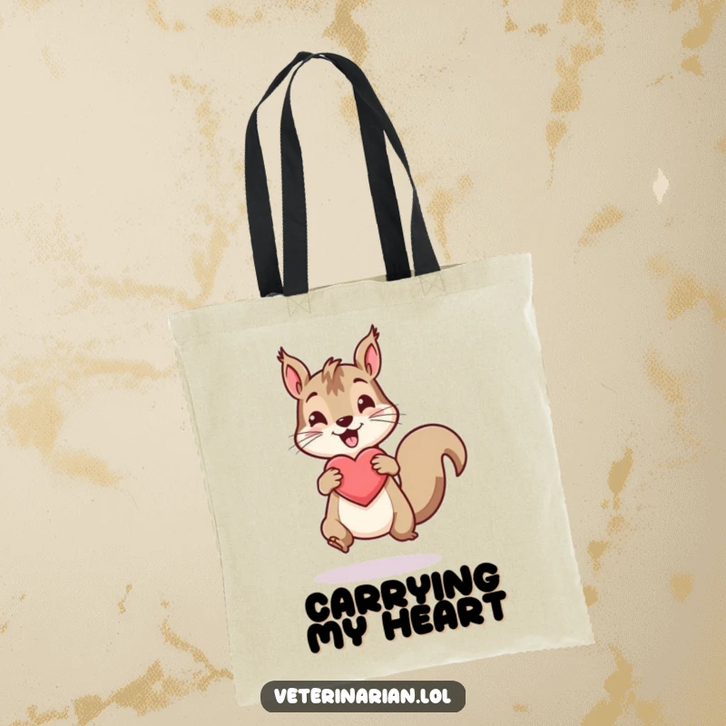 Funny tote bag with an energetic squirrel playfully bouncing a healthy, vibrant heart icon.